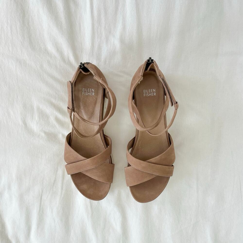 Eileen Fisher Sally Criss Cross Wedge Sandals in Camel Leather, Size 9